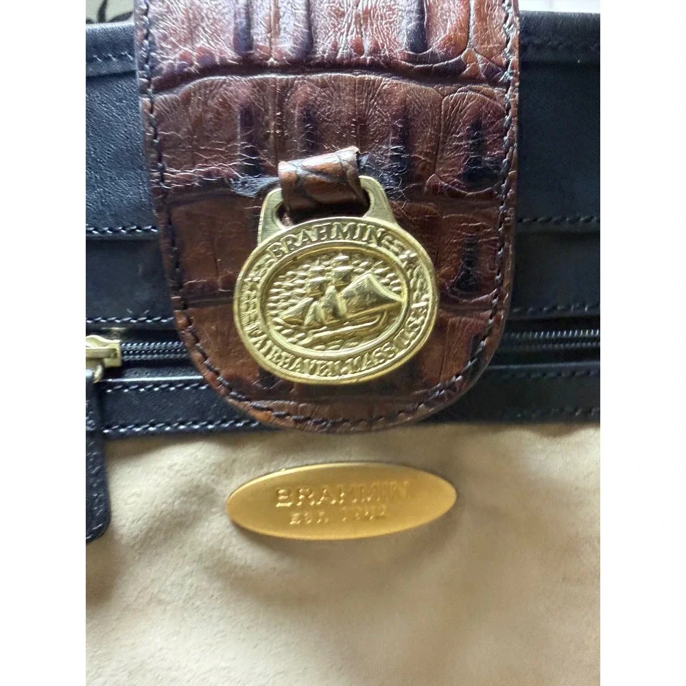 Brahmin Vintage Black Leather Croc Embossed Trim Tote Shoulder Bag Brown Accents